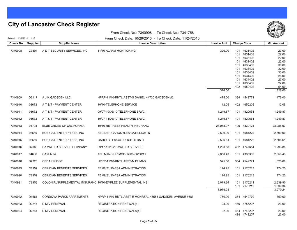 City of Lancaster Check Register