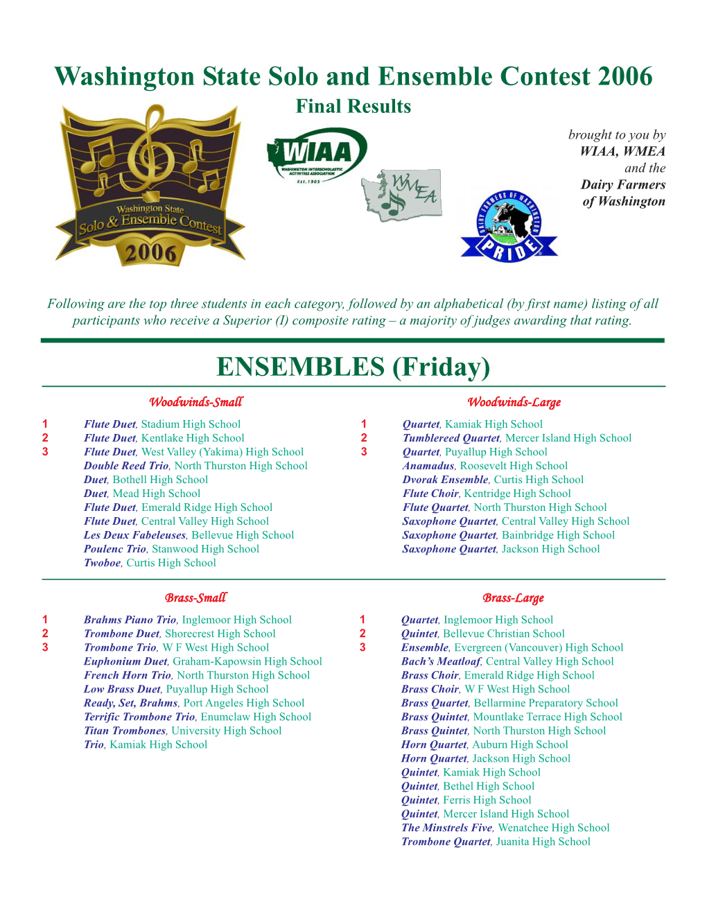 Washington State Solo and Ensemble Contest 2006 Final Results Brought to You by WIAA, WMEA and the Dairy Farmers of Washington