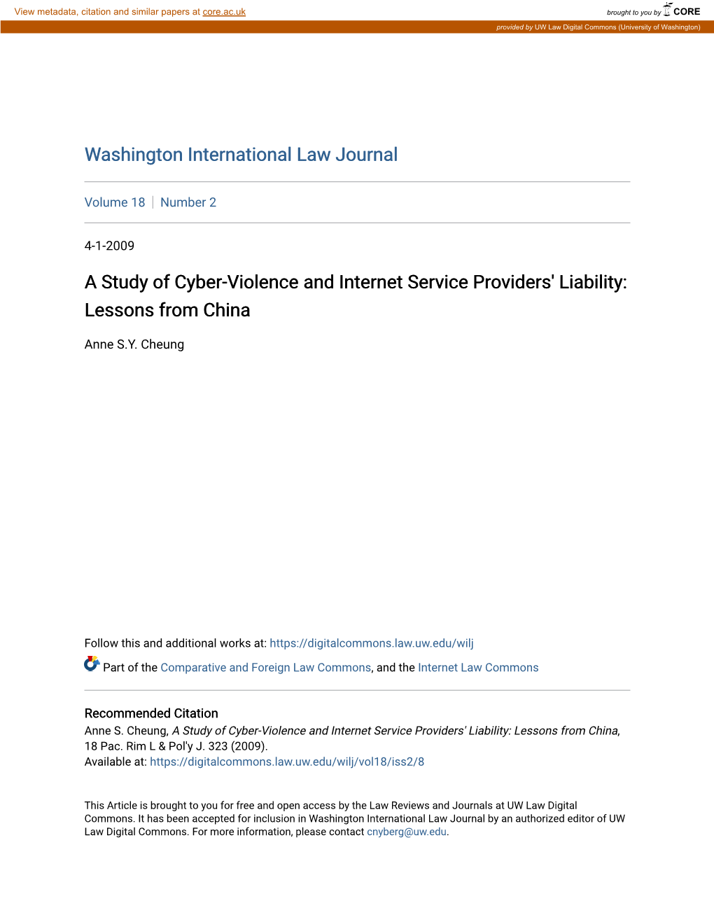 A Study of Cyber-Violence and Internet Service Providers' Liability: Lessons from China