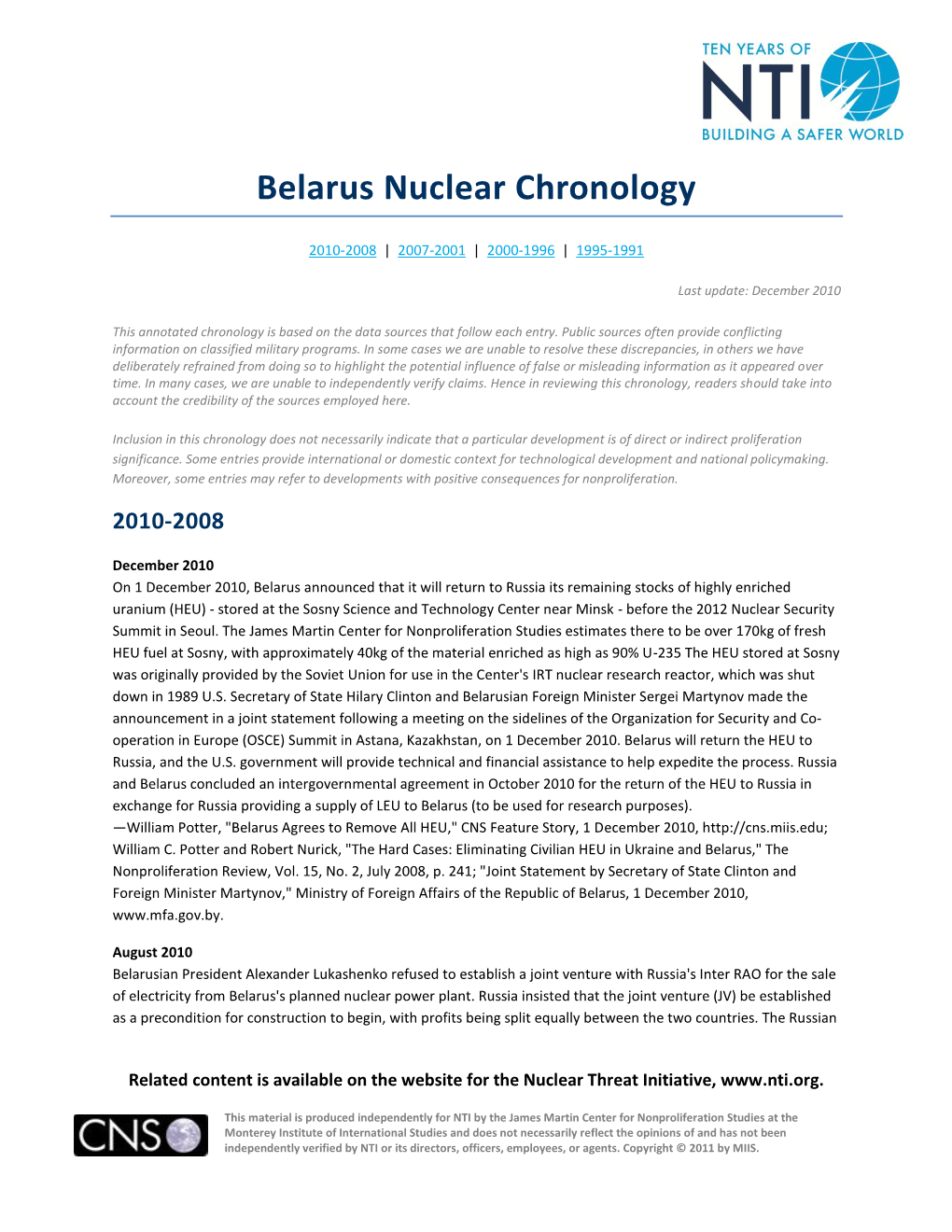 Belarus Nuclear Chronology
