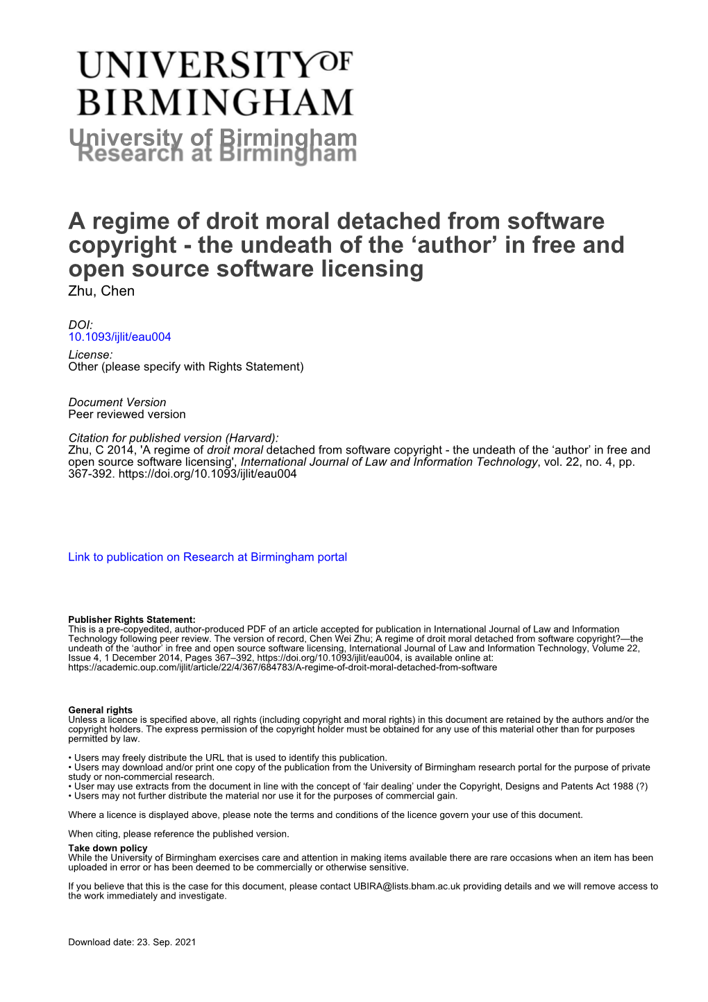 University of Birmingham a Regime of Droit Moral Detached from Software Copyright