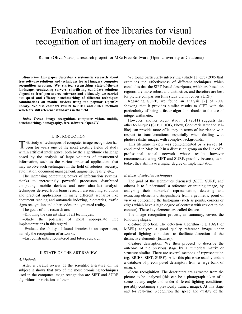 Evaluation of Free Libraries for Visual Recognition of Art Imagery on Mobile Devices