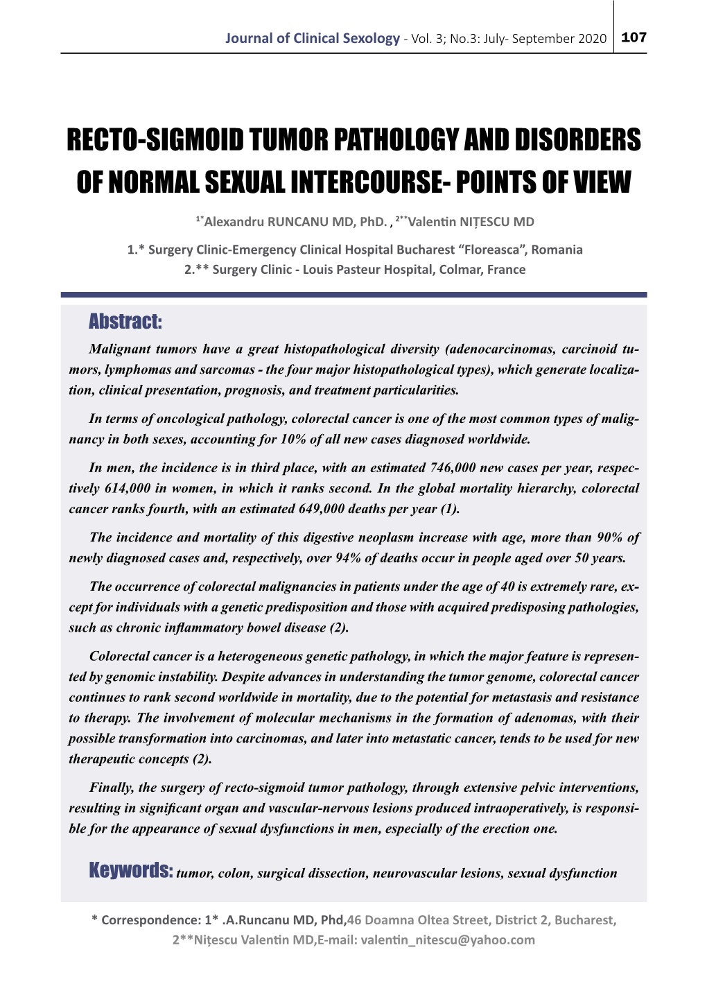 Recto-Sigmoid Tumor Pathology and Disorders of Normal Sexual Intercourse- Points of View