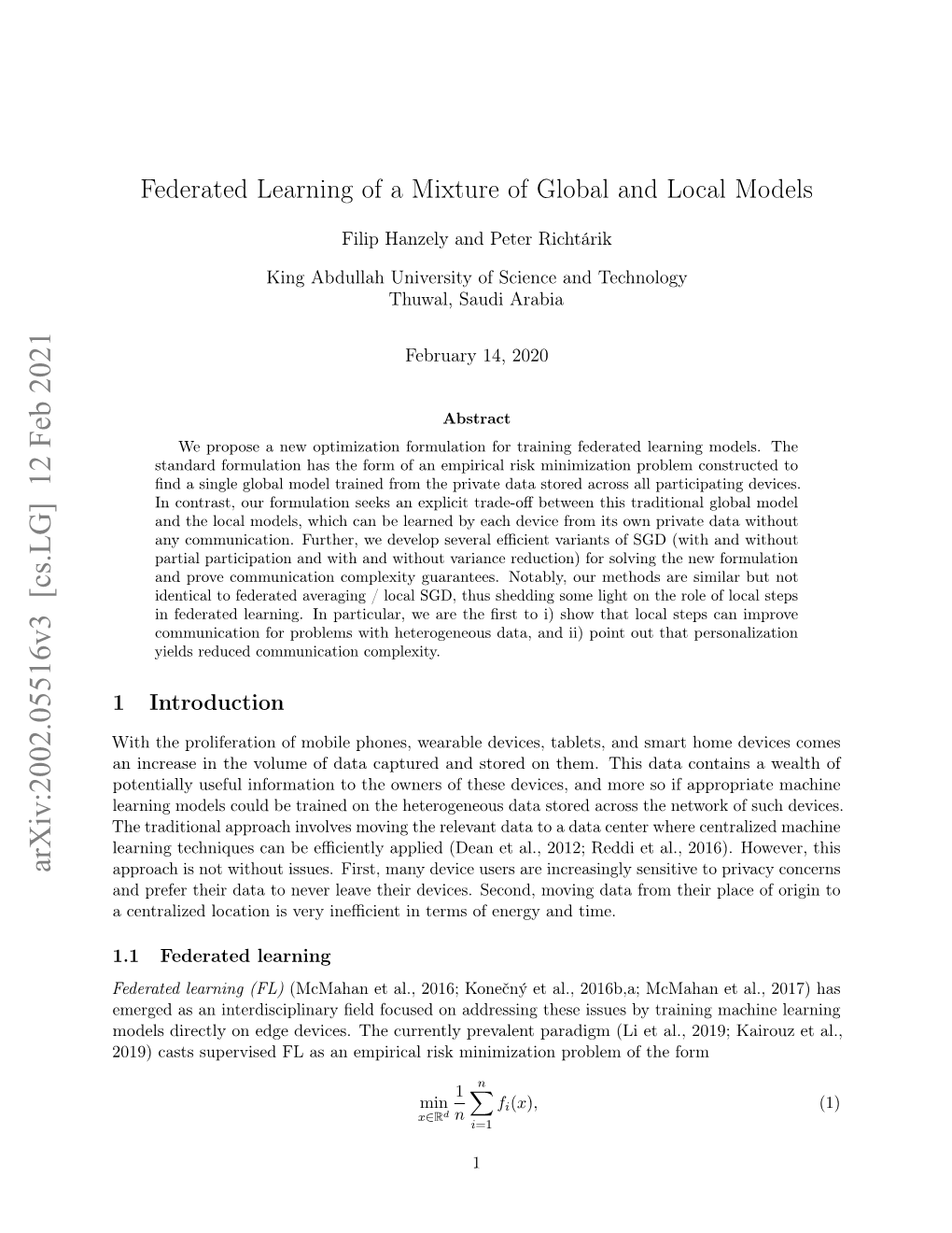 Federated Learning of a Mixture of Global and Local Models