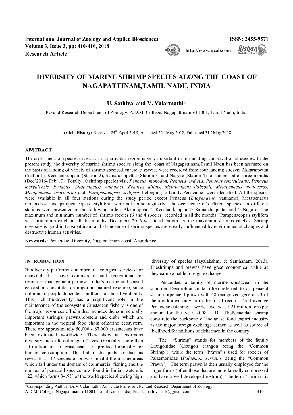 Diversity of Marine Shrimp Species Along the Coast of Nagapattinam,Tamil Nadu, India