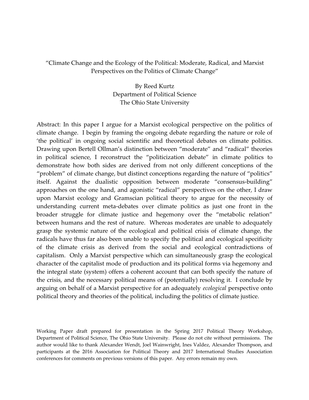 Climate Change and the Ecology of the Political: Moderate, Radical, and Marxist Perspectives on the Politics of Climate Change”