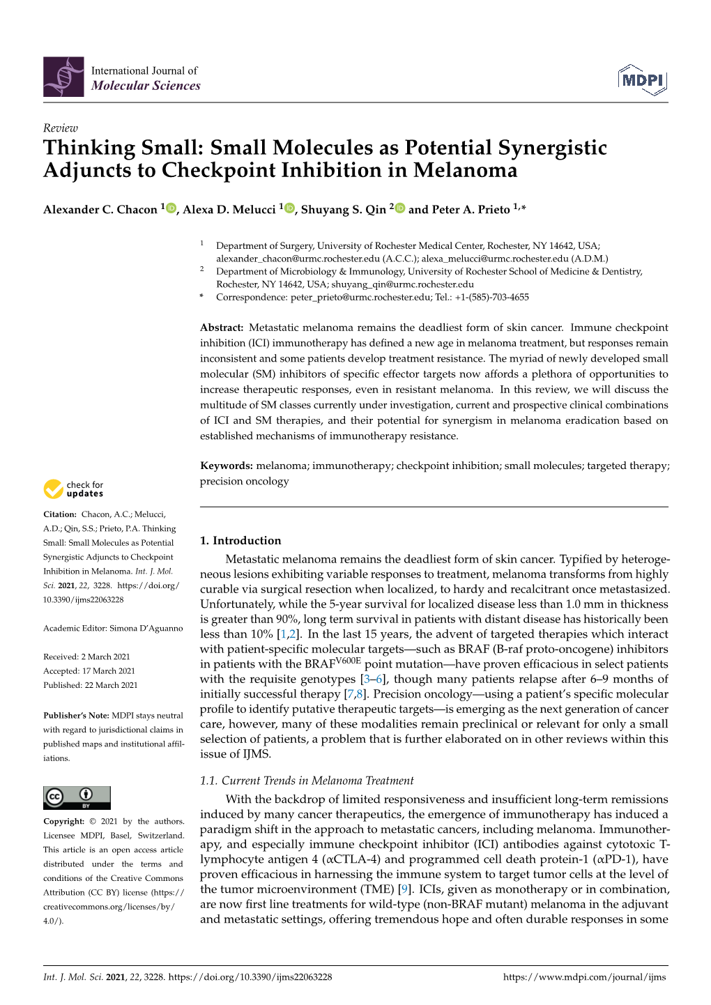 Small Molecules As Potential Synergistic Adjuncts to Checkpoint Inhibition in Melanoma