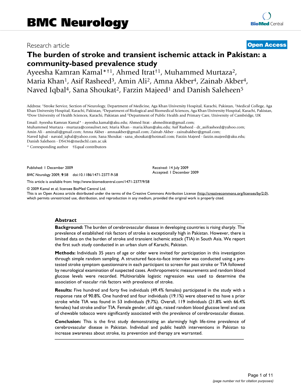 The Burden of Stroke and Transient Ischemic Attack in Pakistan: A