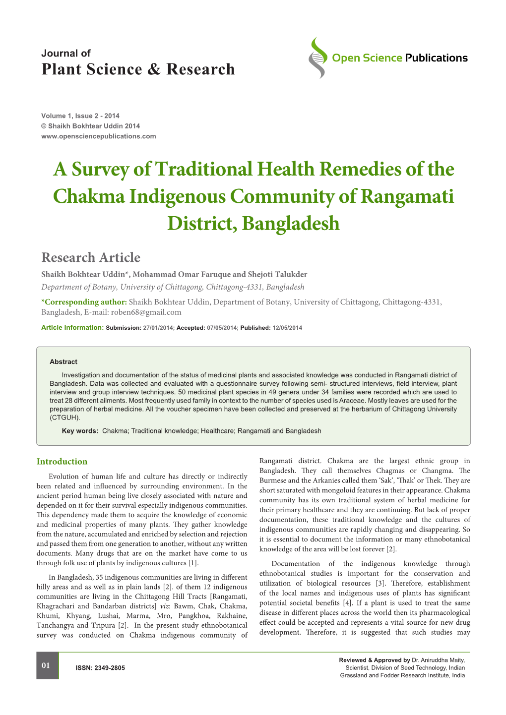 A Survey of Traditional Health Remedies of the Chakma Indigenous Community of Rangamati District, Bangladesh