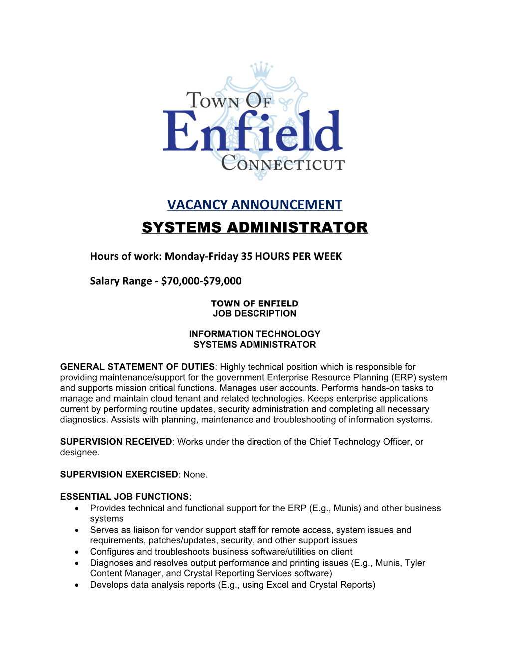 Vacancy Announcement Systems Administrator