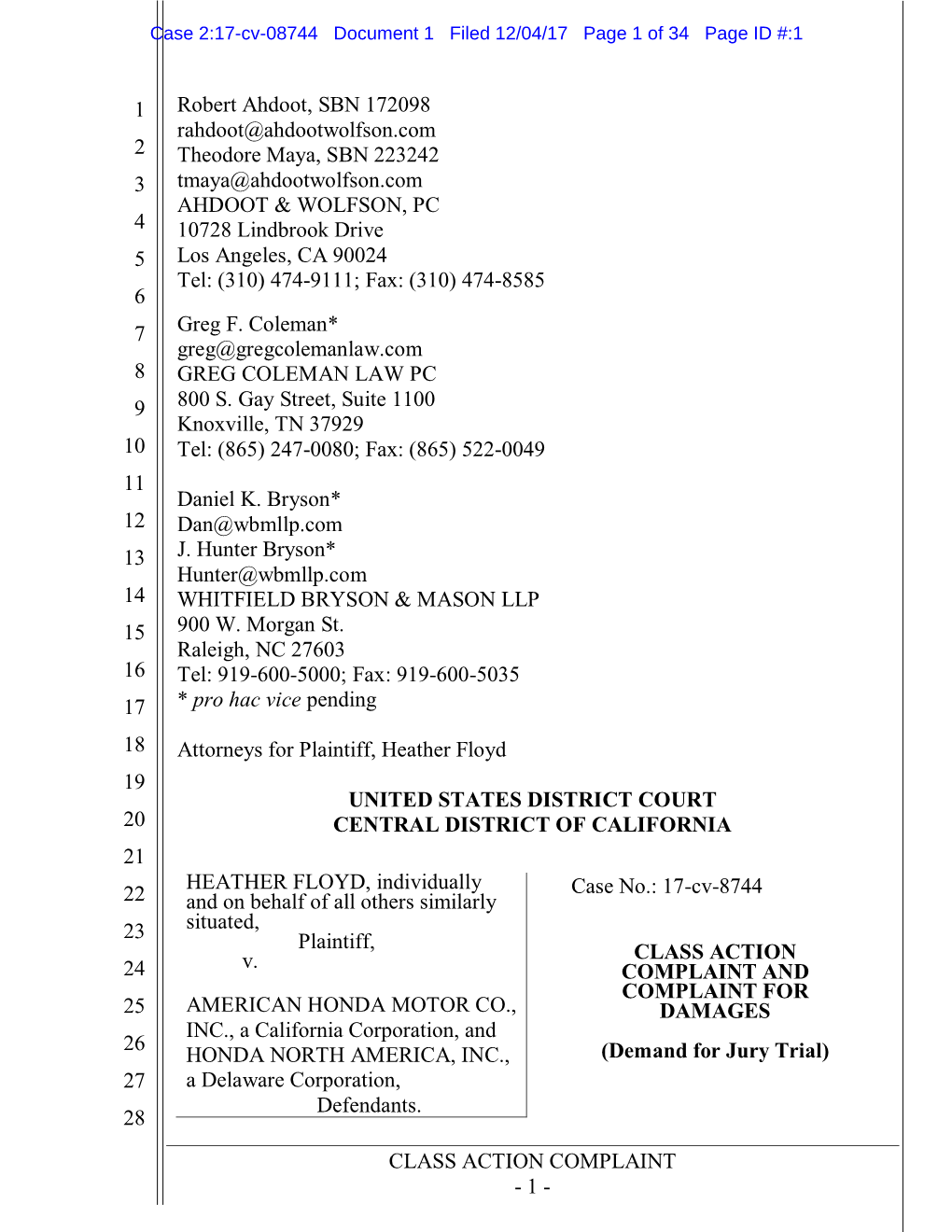 CLASS ACTION COMPLAINT - 1 - Case 2:17-Cv-08744 Document 1 Filed 12/04/17 Page 2 of 34 Page ID #:2