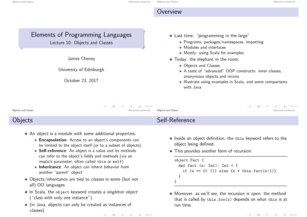 Elements of Programming Languages Overview Objects Self-Reference