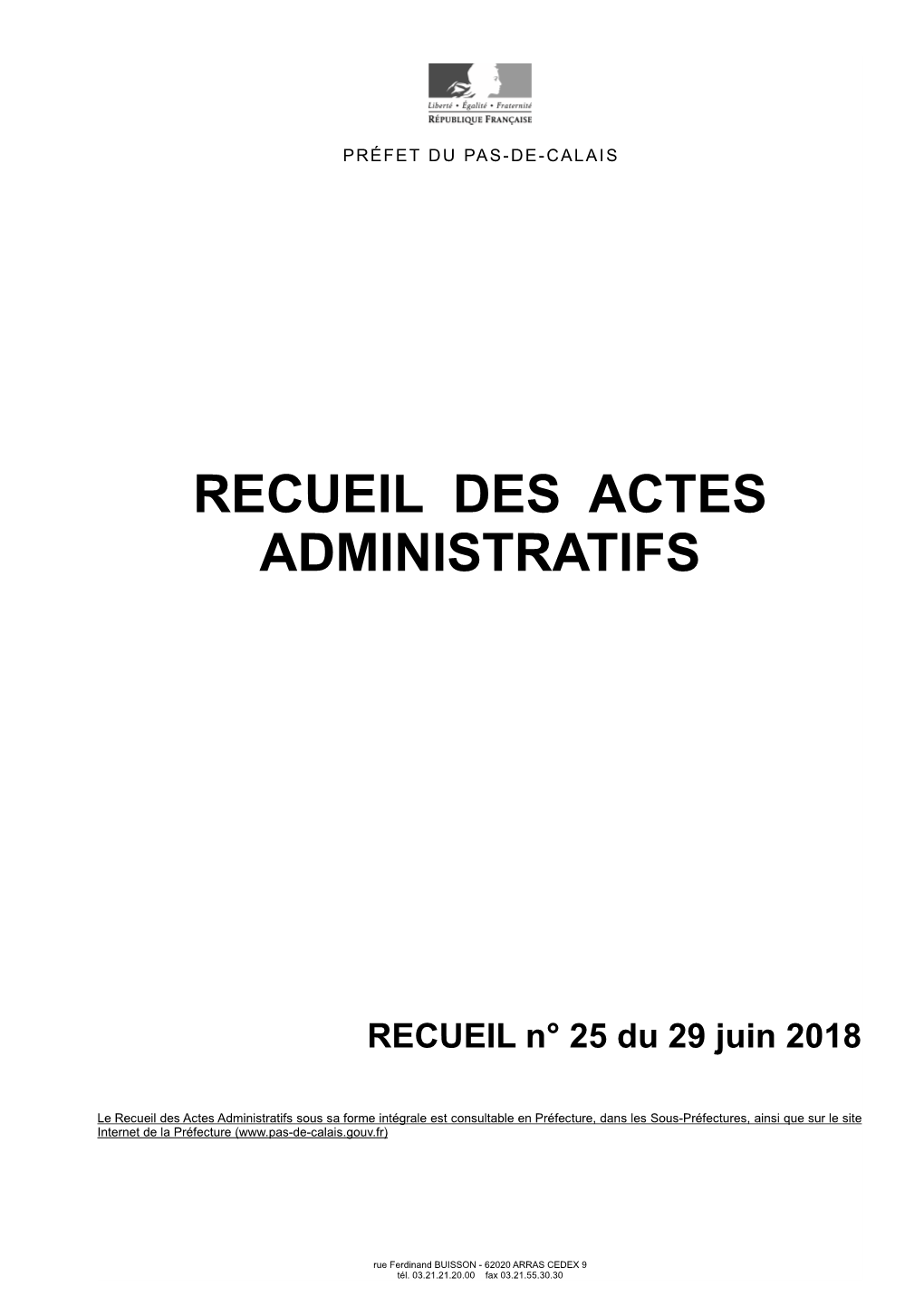 Recueil Des Actes Administratifs N° 25 Du 29 Juin 2018