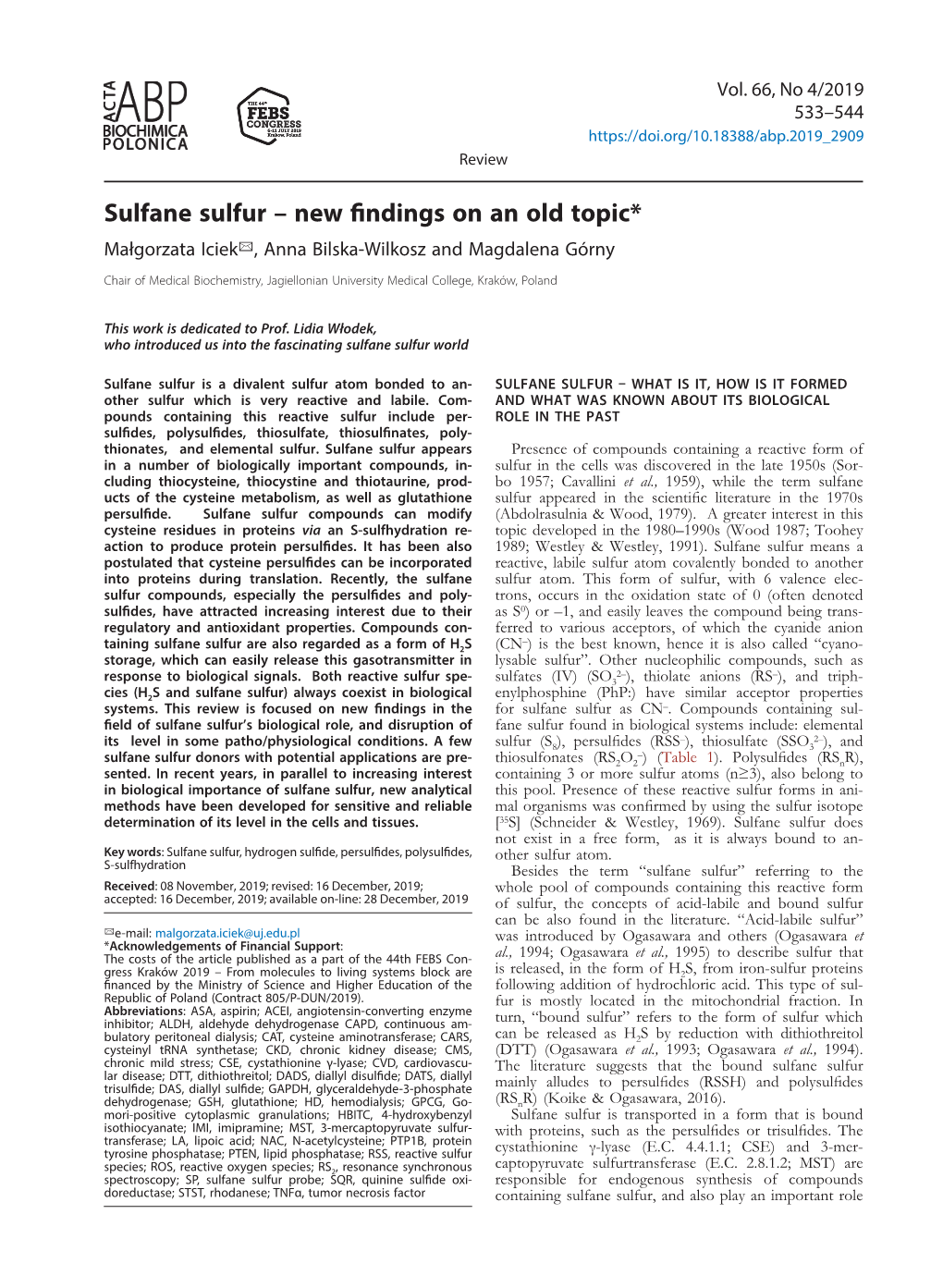 Sulfane Sulfur – New Findings on an Old Topic* Małgorzata Iciek✉, Anna Bilska-Wilkosz and Magdalena Górny