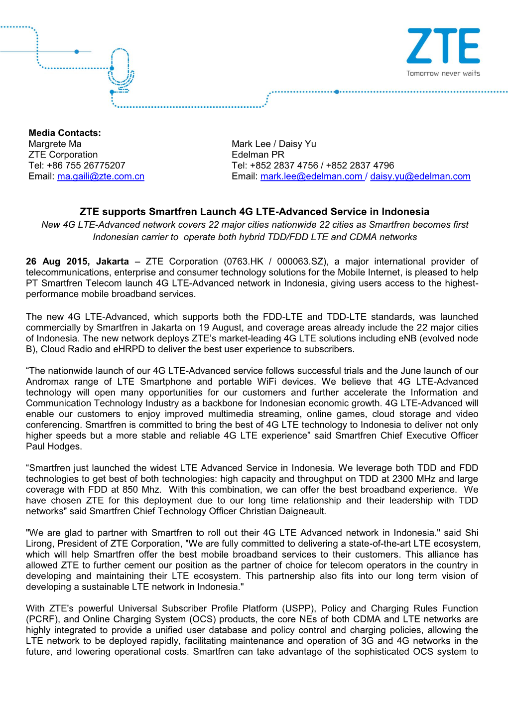 ZTE Supports Smartfren Launch 4G LTE-Advanced Service in Indonesia