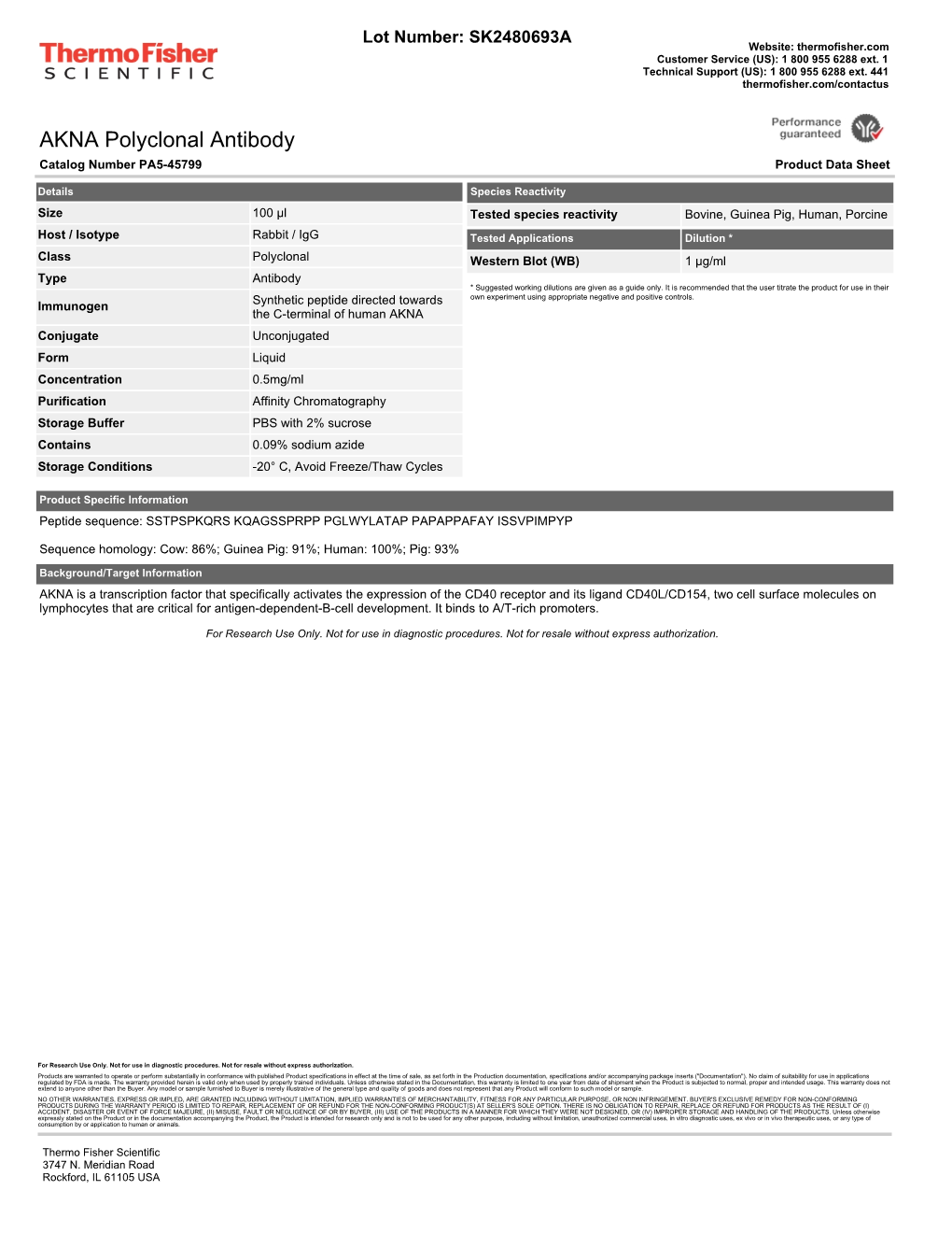 AKNA Polyclonal Antibody Catalog Number PA5-45799 Product Data Sheet