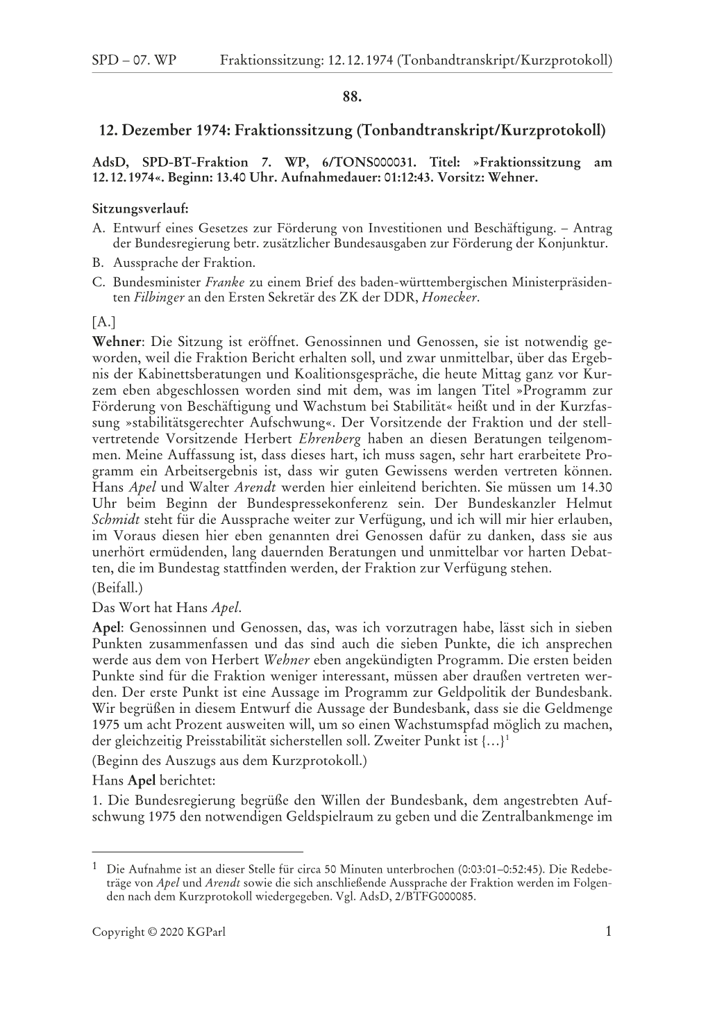 1 88. 12. Dezember 1974: Fraktionssitzung (Tonbandtranskript