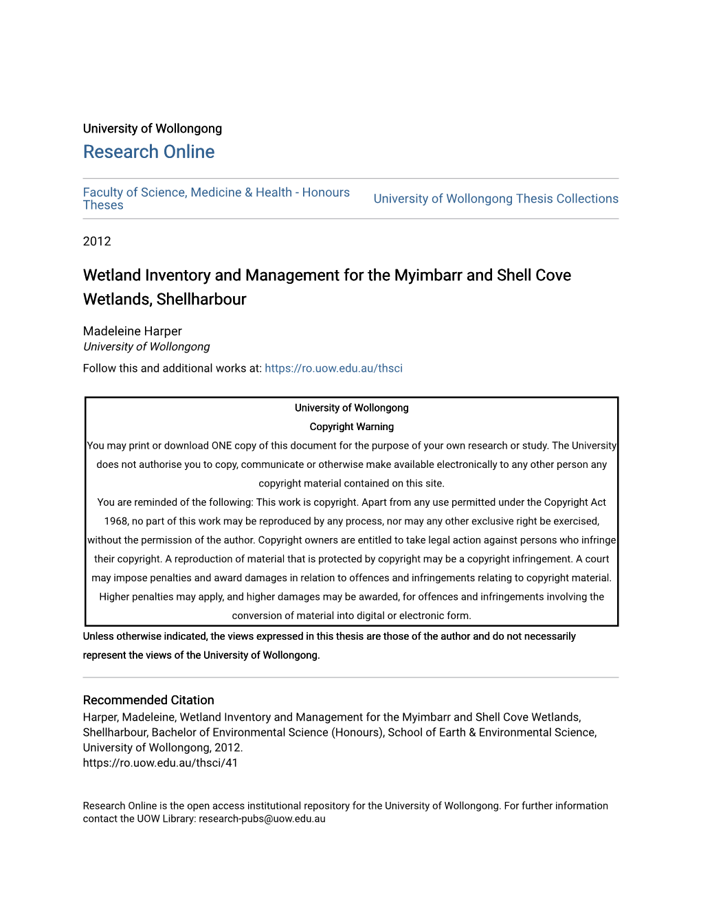 Wetland Inventory and Management for the Myimbarr and Shell Cove Wetlands, Shellharbour