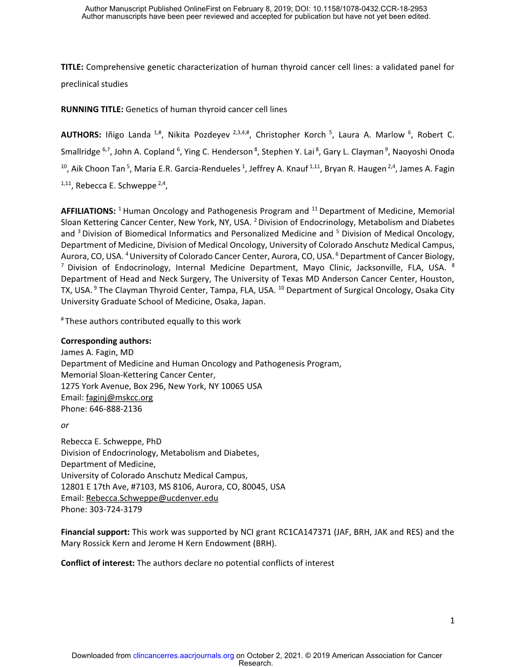 Comprehensive Genetic Characterization of Human Thyroid Cancer Cell Lines: a Validated Panel for Preclinical Studies