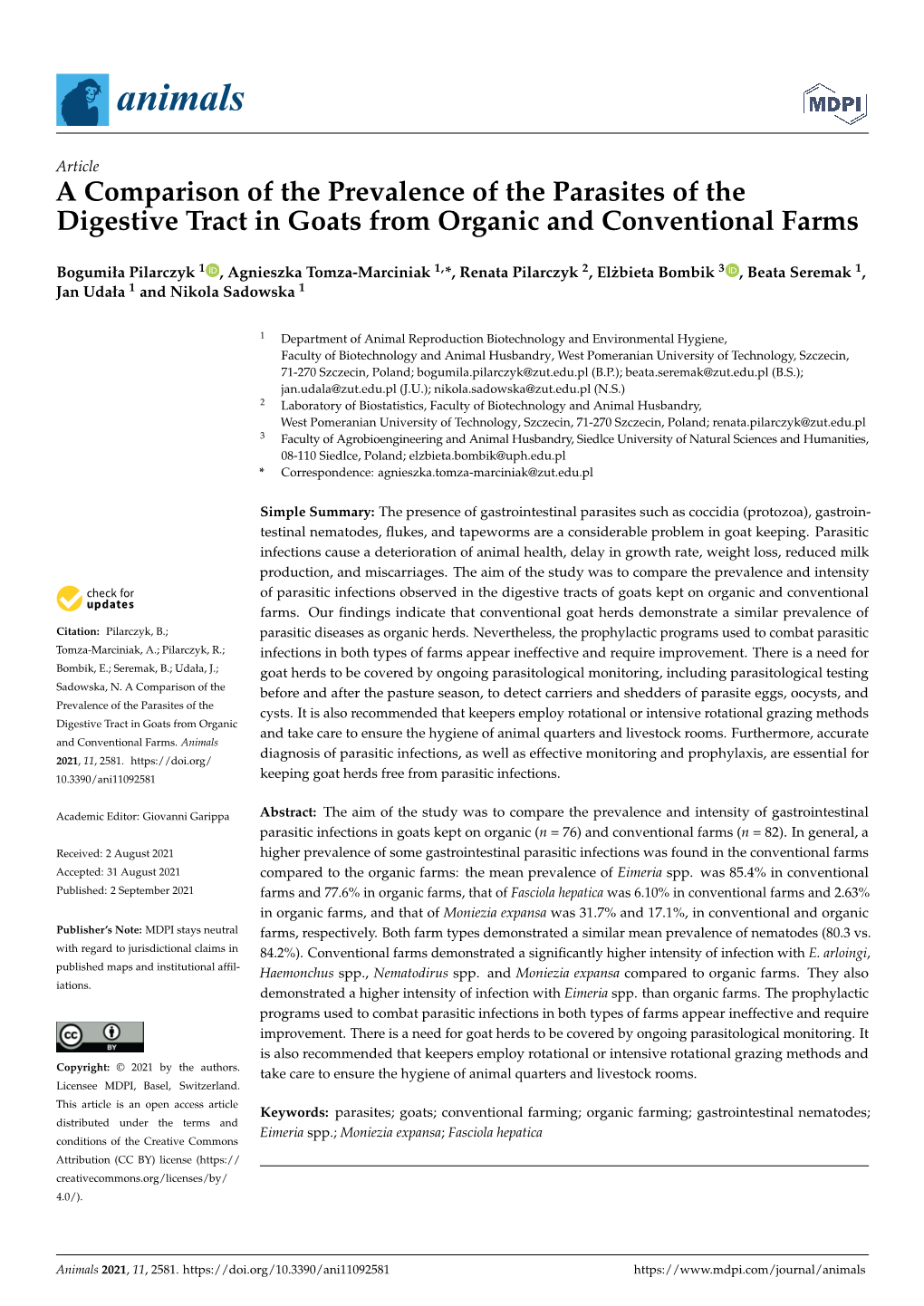 A Comparison of the Prevalence of the Parasites of the Digestive Tract in Goats from Organic and Conventional Farms