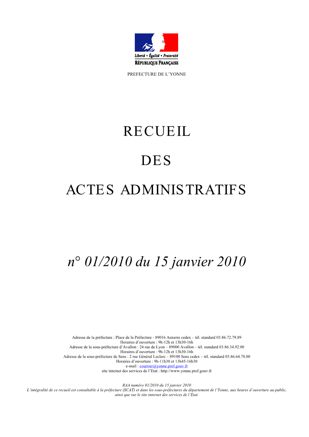 Recueil Des Actes Administratifs N° 01/2010 Du 15 Janvier 2010