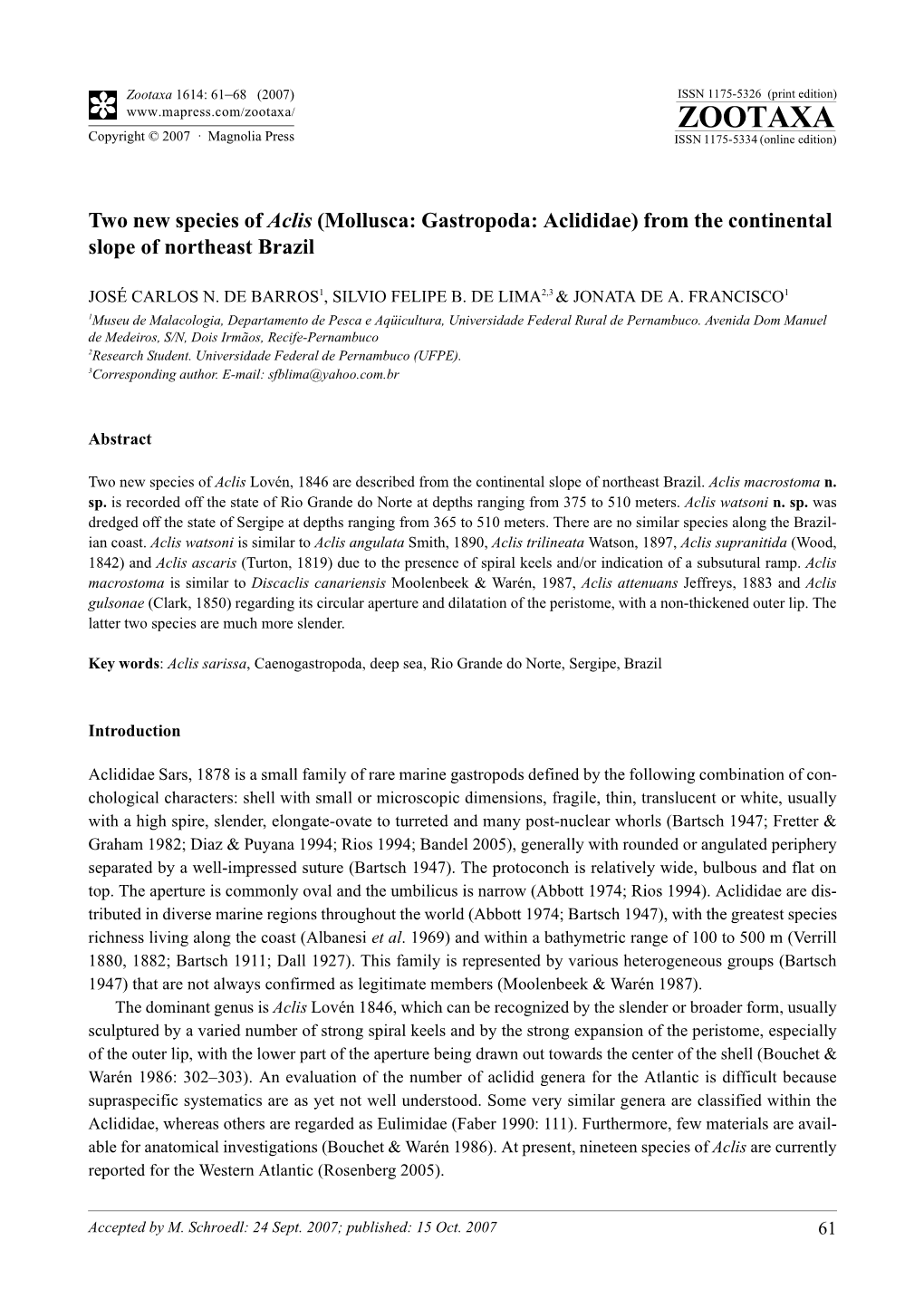 Zootaxa,Two New Species of Aclis (Mollusca: Gastropoda: Aclididae)