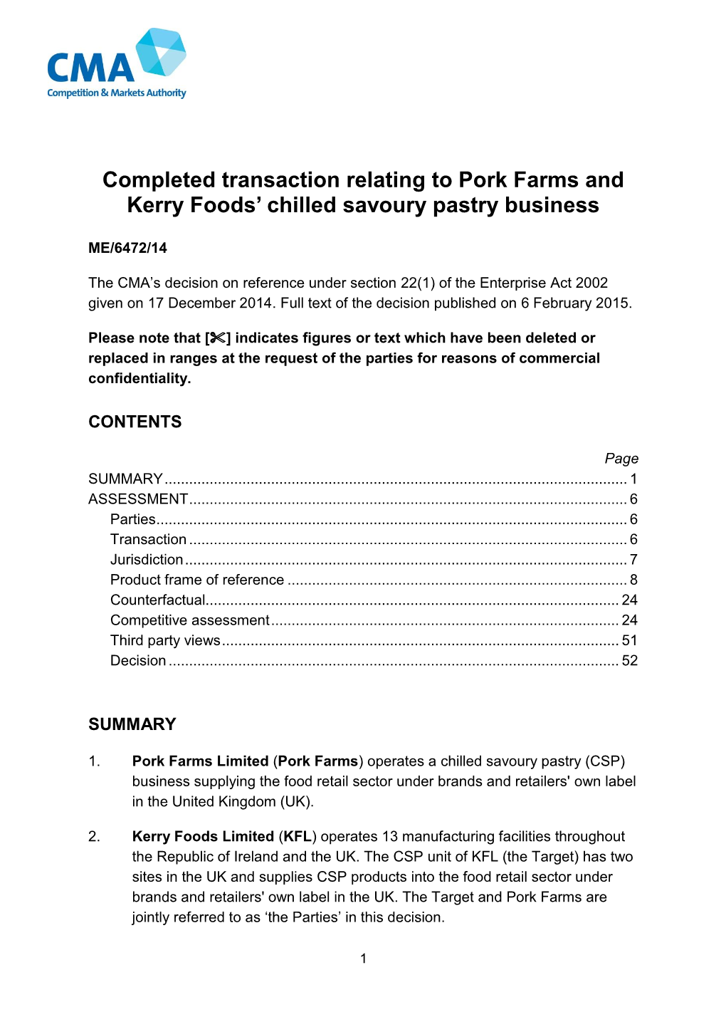 Pork Farms / Kerry Foods Full Text Decision