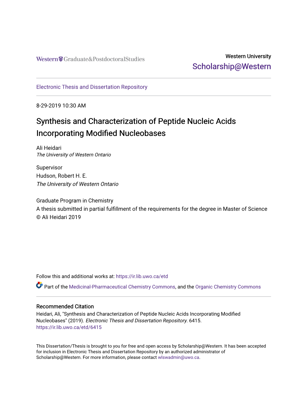 Synthesis and Characterization of Peptide Nucleic Acids Incorporating Modified Nucleobases