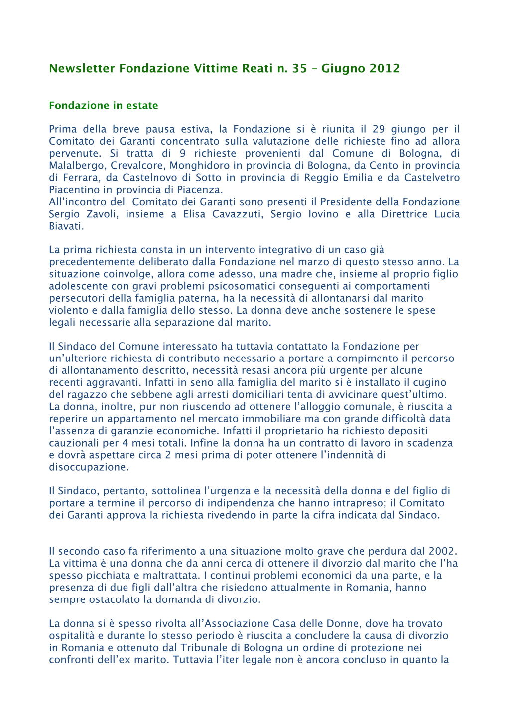 Newsletter Fondazione Vittime Reati N. 35 – Giugno 2012