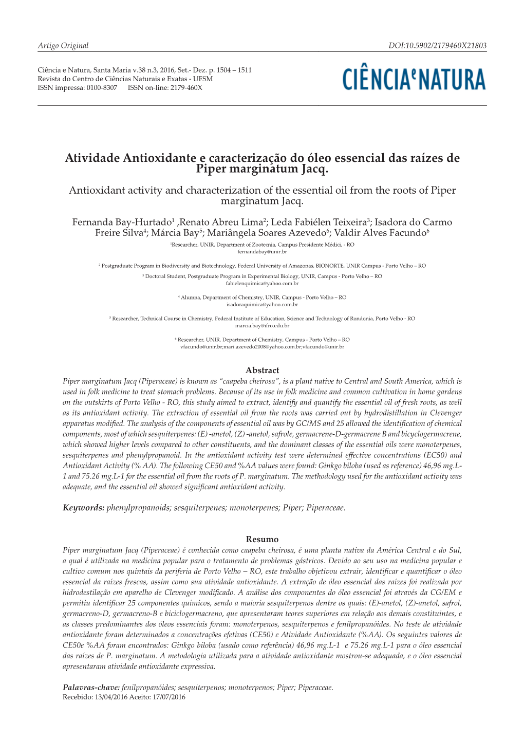 Atividade Antioxidante E Caracterização Do Óleo Essencial Das Raízes De Piper Marginatum Jacq