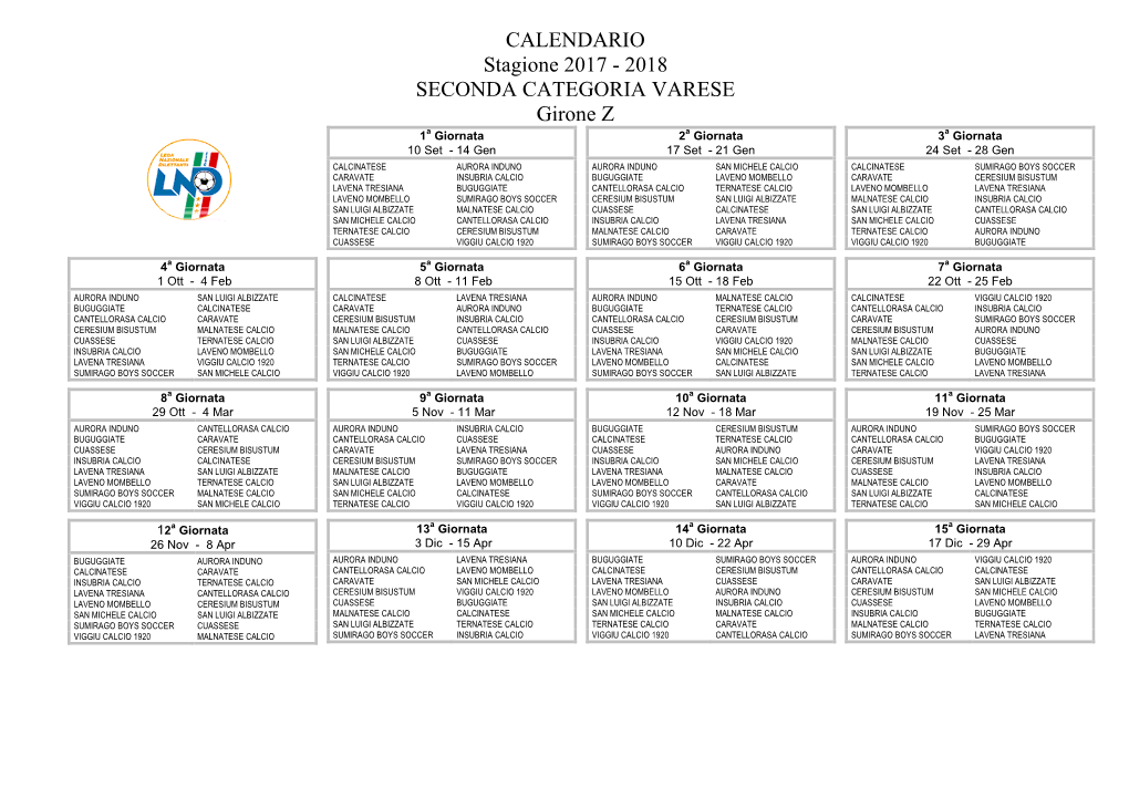 2018 SECONDA CATEGORIA VARESE Girone Z