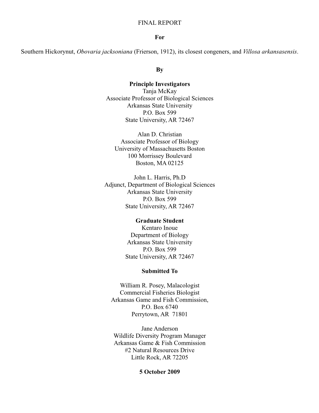 FINAL REPORT for Southern Hickorynut, Obovaria Jacksoniana