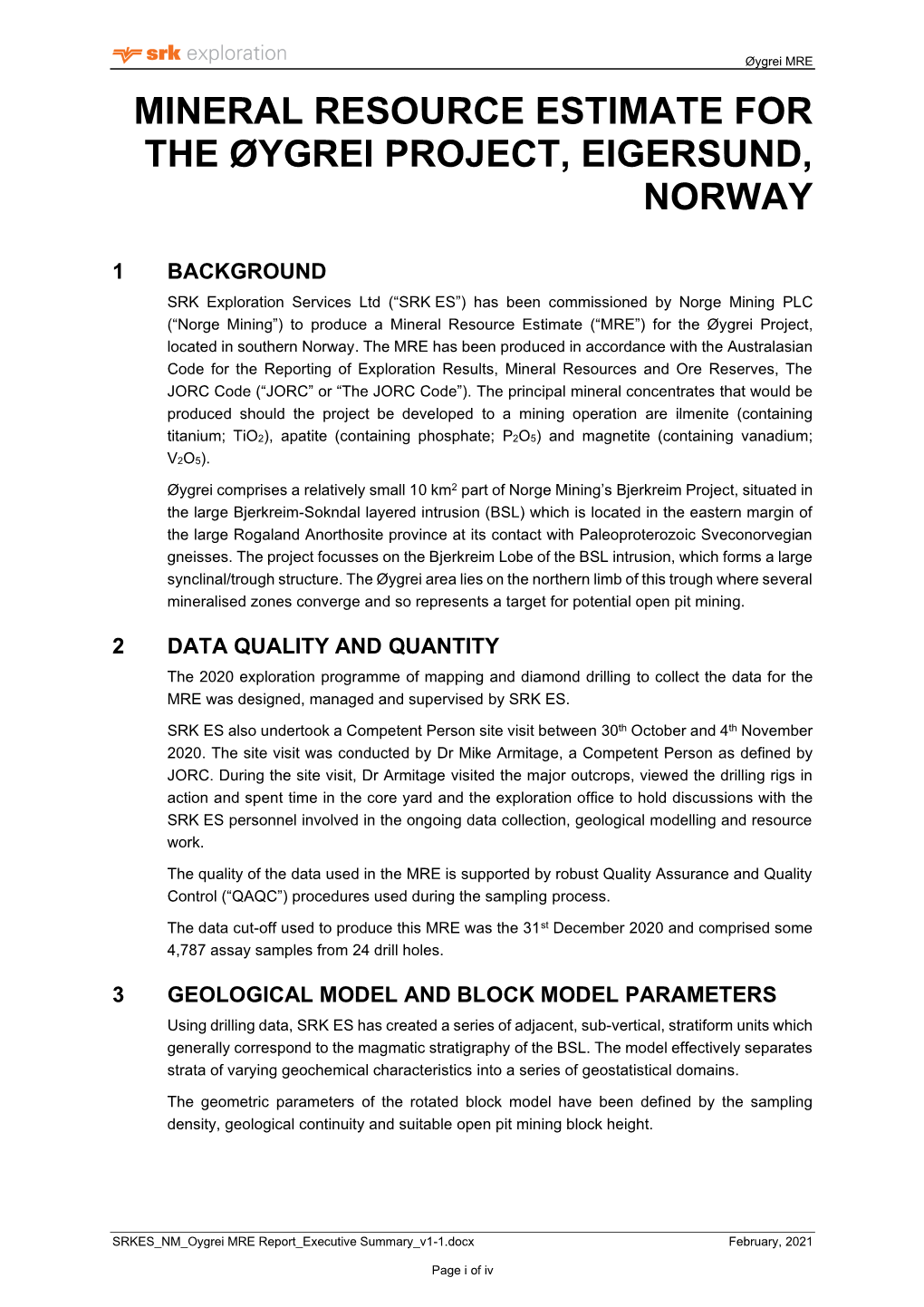 SRK Exploration Services – Norge Mining Øygrei Mineral Resource