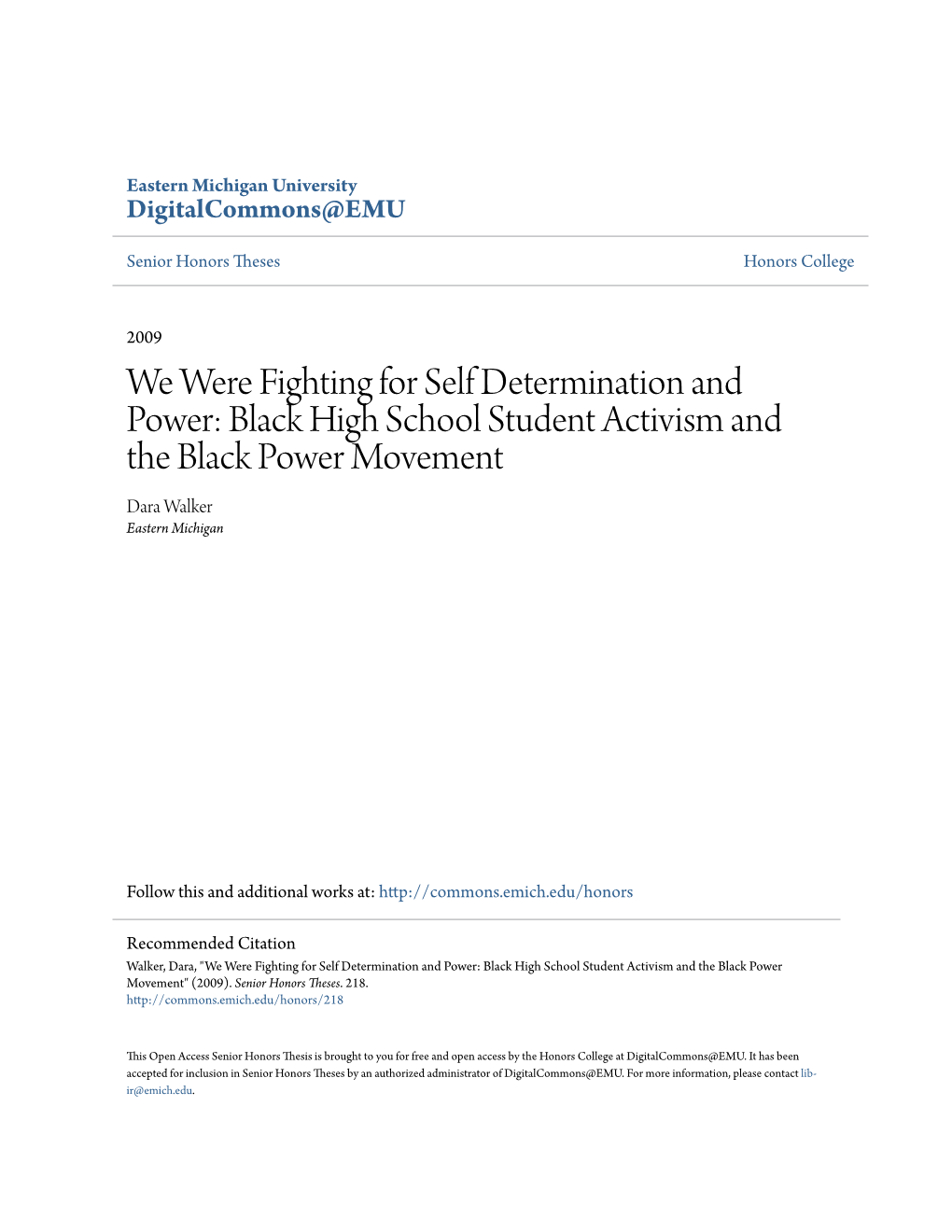 Black High School Student Activism and the Black Power Movement Dara Walker Eastern Michigan