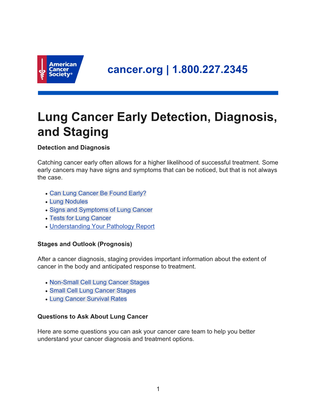 Lung Cancer Early Detection, Diagnosis, and Staging Detection and Diagnosis