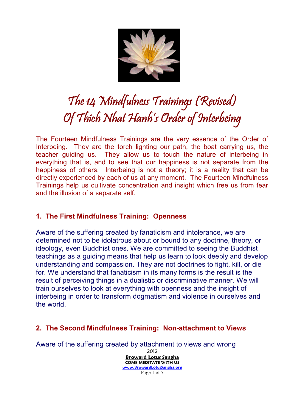 The 14 Mindfulness Trainings (Revised) of Thich Nhat Hanh's