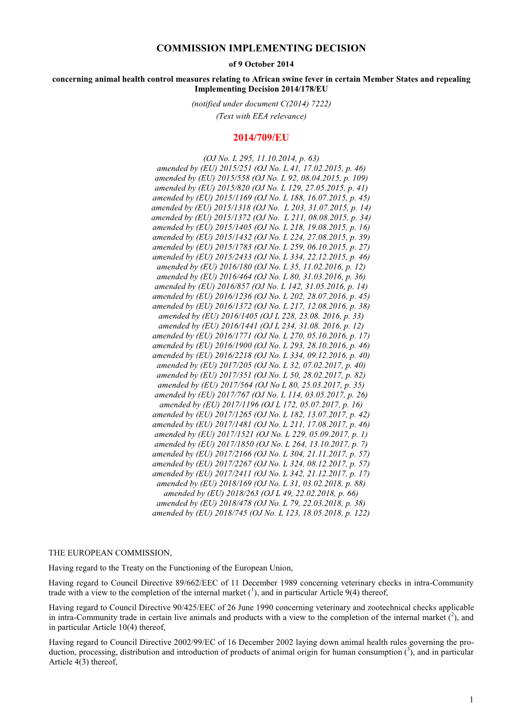 Commission Implementing Decision 2014/709/EU Lays Down Animal Health Control Measures in Relation to African Swine Fever in Certain Member States