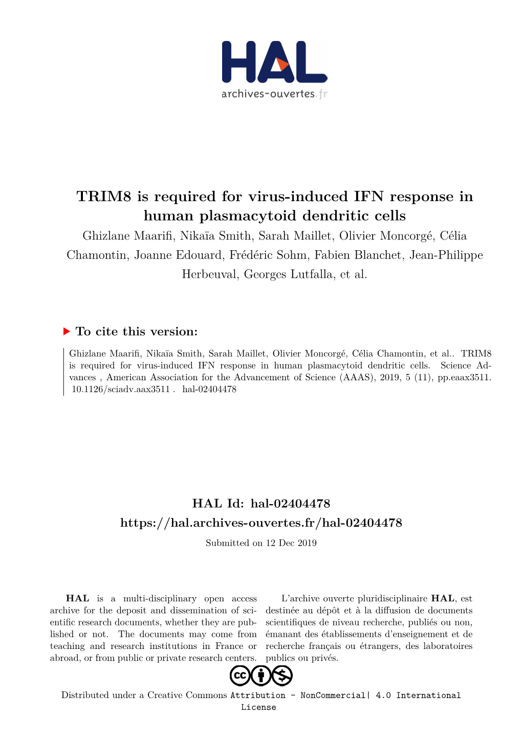 TRIM8 Is Required for Virus-Induced IFN Response in Human