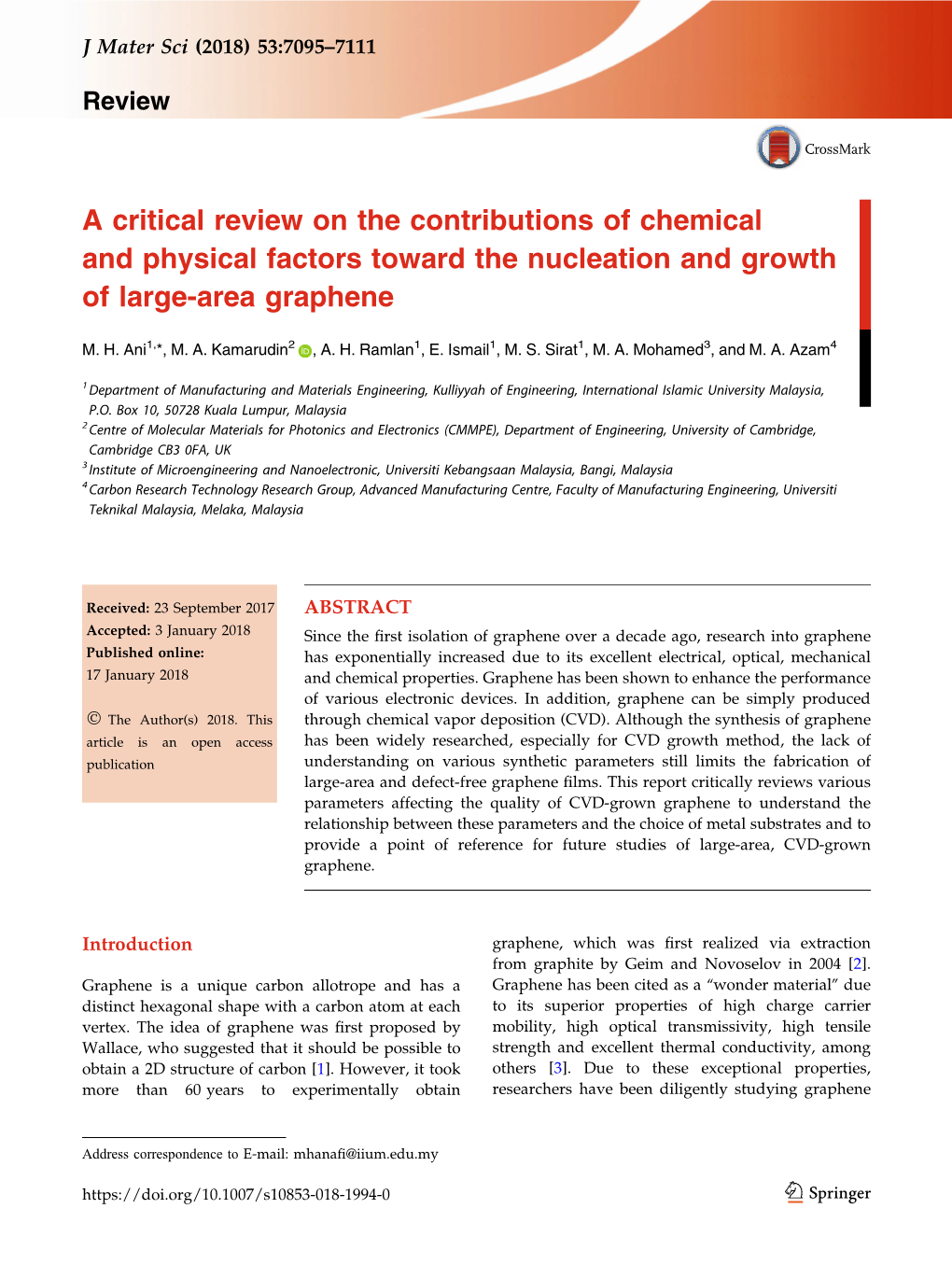 A Critical Review on the Contributions of Chemical and Physical Factors Toward the Nucleation and Growth of Large-Area Graphene