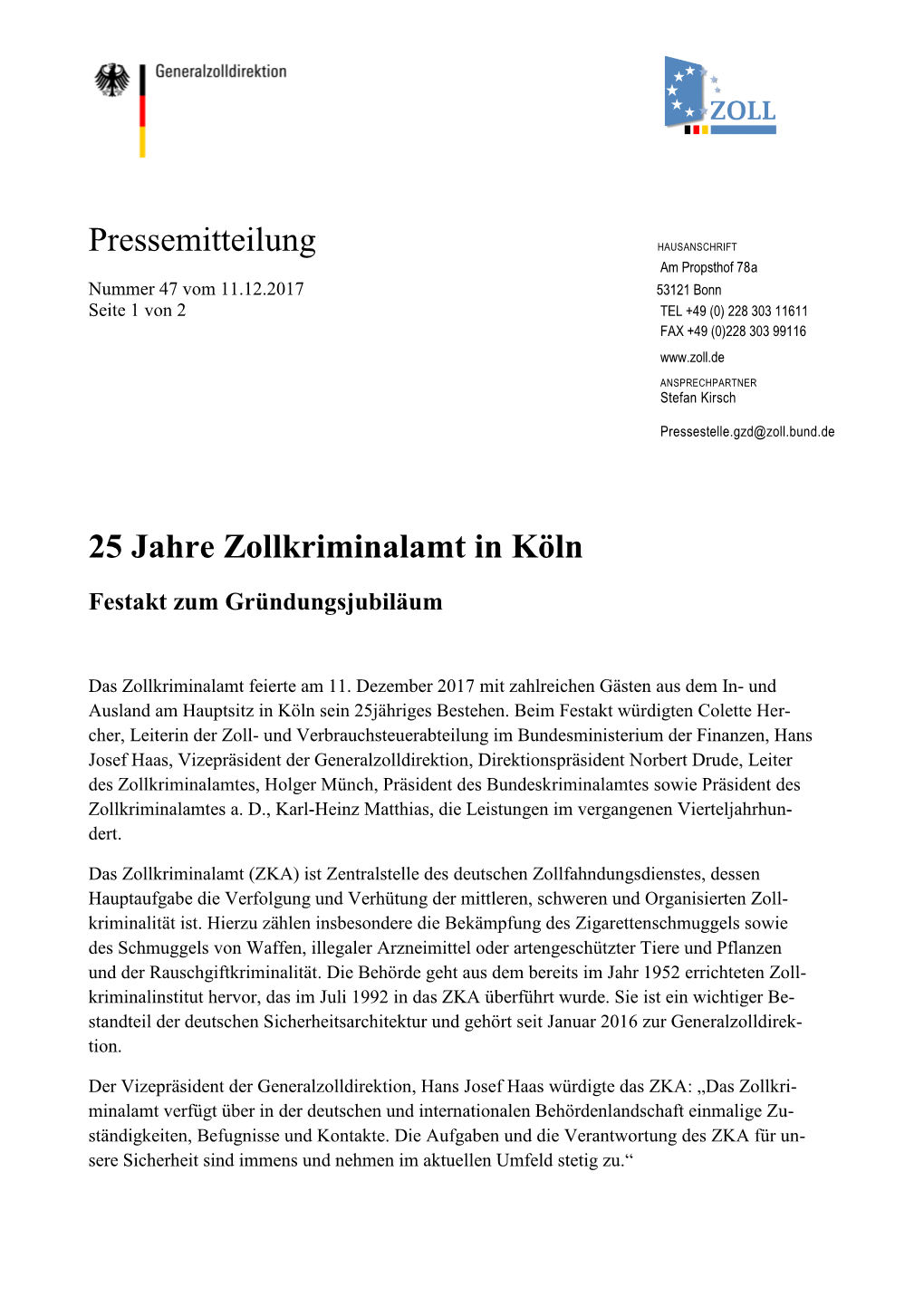 Pressemitteilung 25 Jahre Zollkriminalamt in Köln