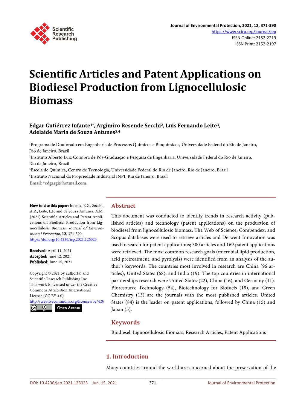 Scientific Articles and Patent Applications on Biodiesel Production from Lignocellulosic Biomass