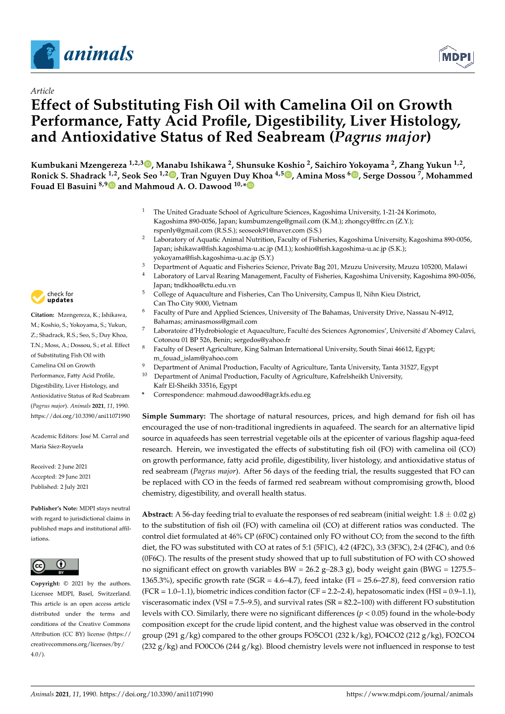 Effect of Substituting Fish Oil with Camelina Oil on Growth