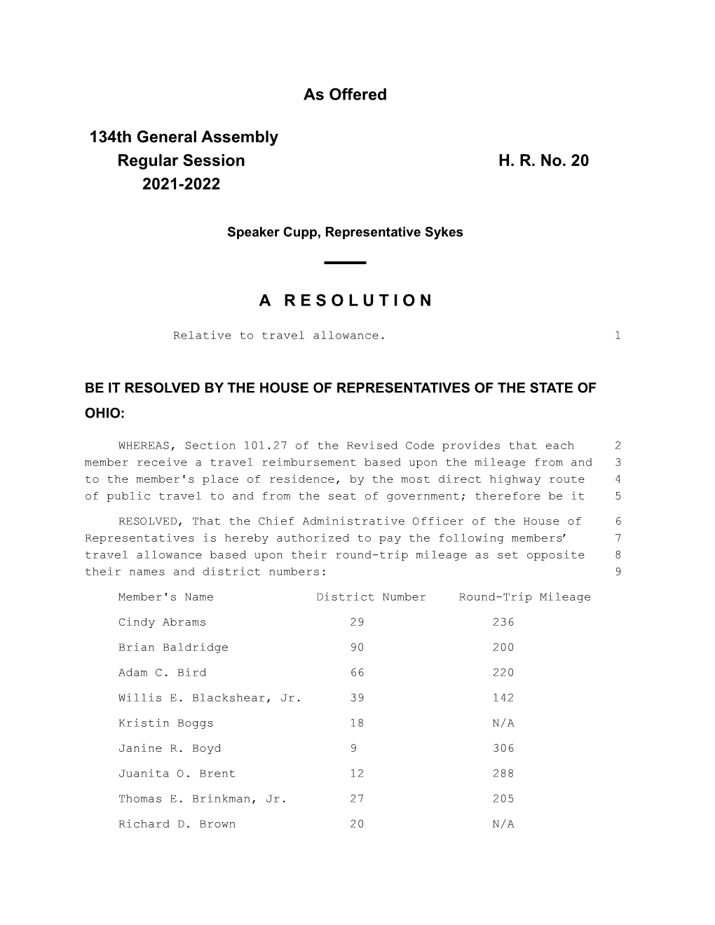 As Offered 134Th General Assembly Regular Session H. R. No. 20 2021