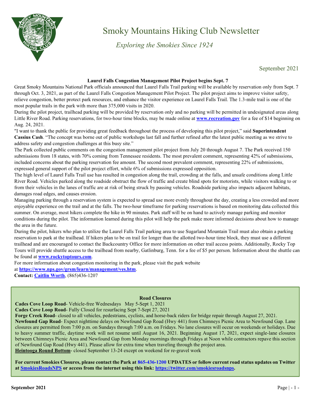 Smoky Mountains Hiking Club Newsletter Exploring the Smokies Since 1924