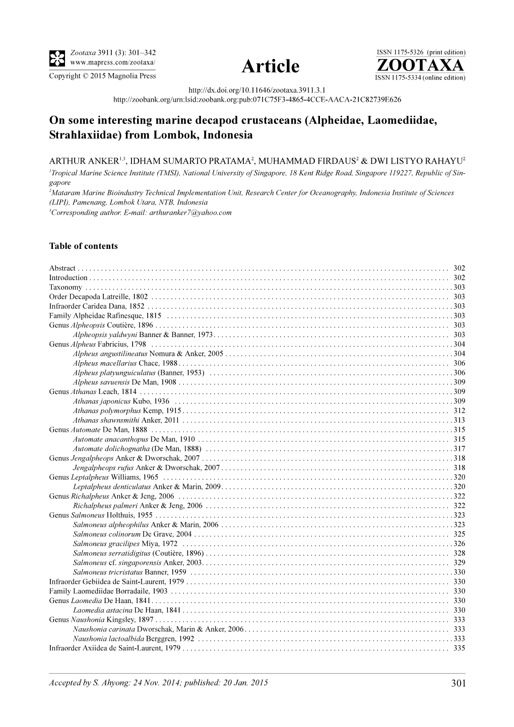 On Some Interesting Marine Decapod Crustaceans (Alpheidae, Laomediidae, Strahlaxiidae) from Lombok, Indonesia