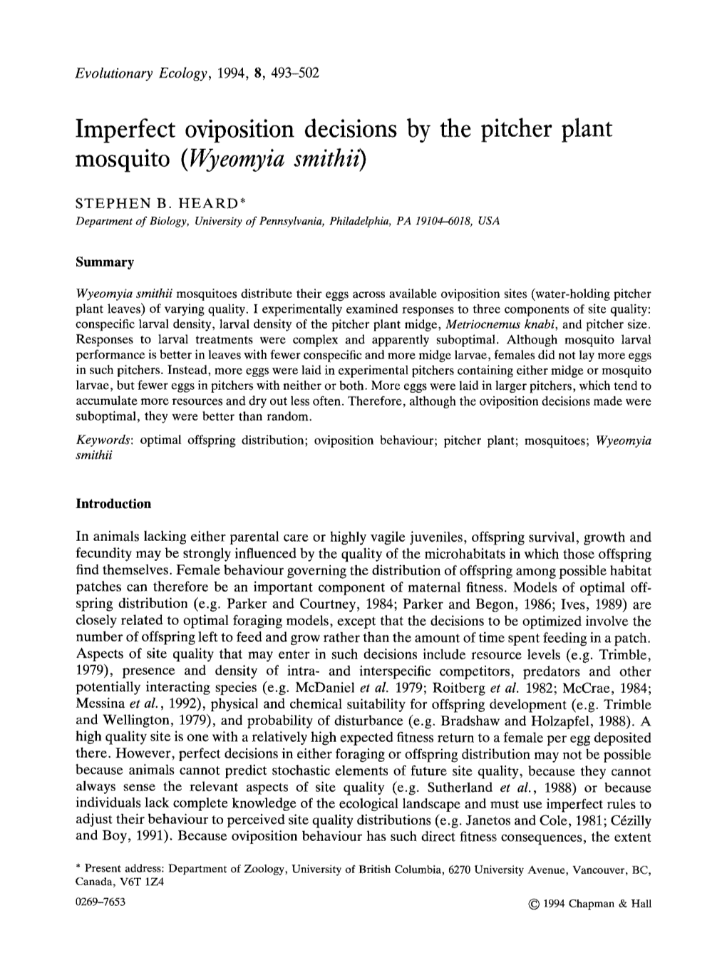 Imperfect Oviposition Decisions by the Pitcher Plant Mosquito (Wyeomyia Smithii)