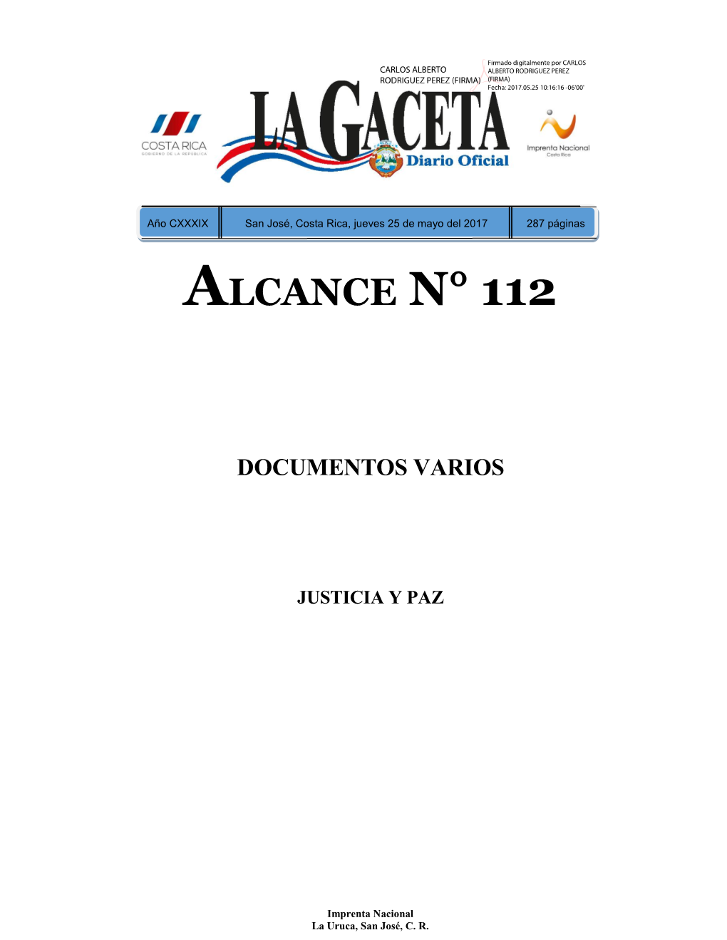 ALCANCE DIGITAL N° 112 a La Gaceta N° 98 De La Fecha 25 05 2017
