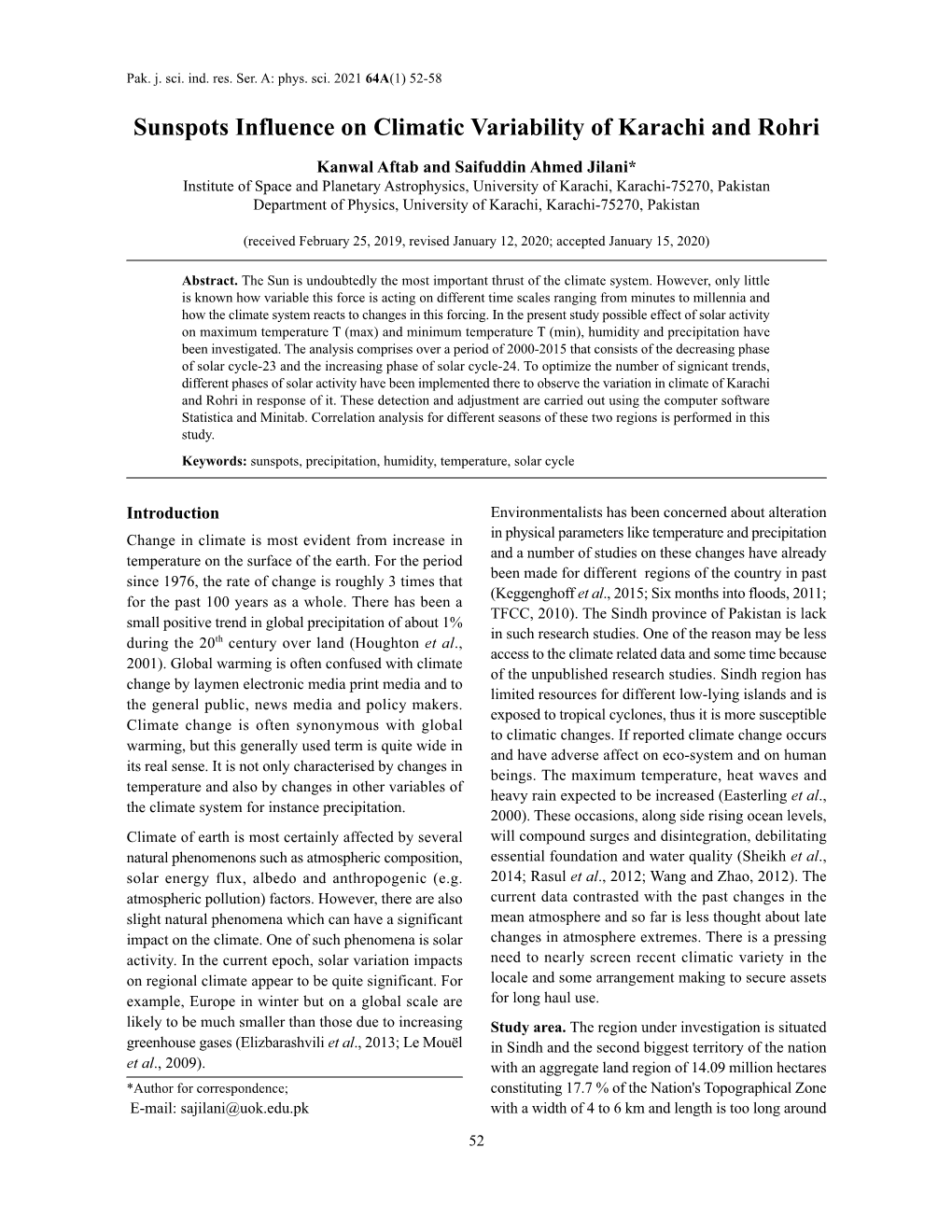 Sunspots Influence on Climatic Variability of Karachi and Rohri