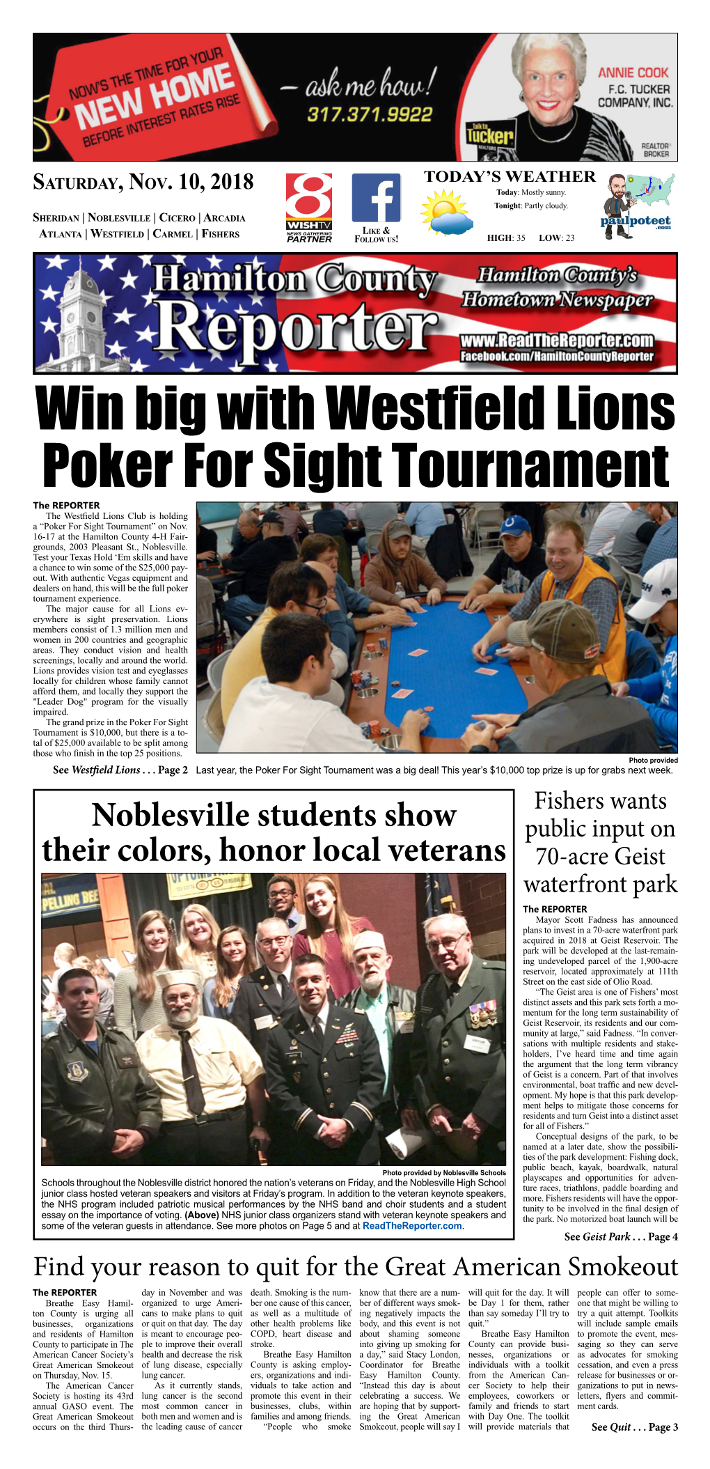Win Big with Westfield Lions Poker for Sight Tournament the REPORTER the Westfield Lions Club Is Holding a “Poker for Sight Tournament” on Nov