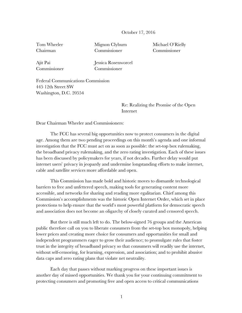 Group Letter to FCC Re Realizing The